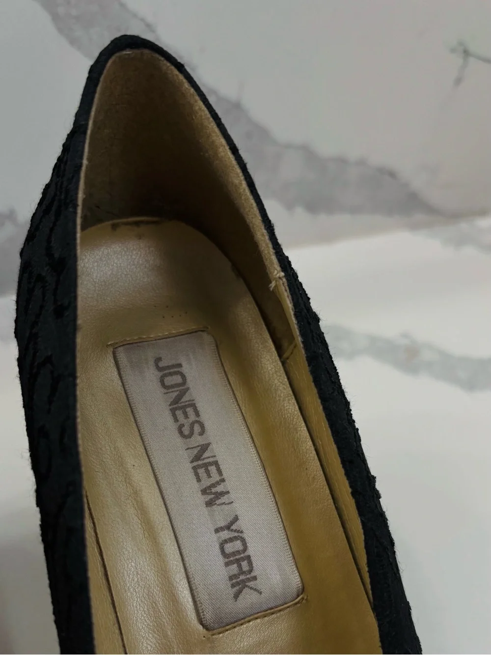 Vintage Jones New York Women’s 9.5M Black Floral Fabric 3” Block Heels
